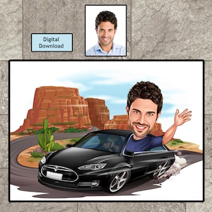Retrato personalizado de dibujos animados masculinos, caricatura masculina, regalo de amante del coche, caricatura personalizada, regalo de aniversario, amante del coche, caricatura de la foto