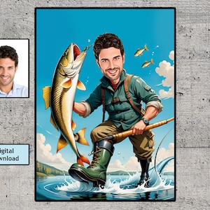 Benutzerdefinierte Fischer Cartoon Portrait, Geschenk für Fischer, Fischer Karikatur, Fischer Cartoon, benutzerdefinierte Karikatur, Fischerkarikatur vom Foto