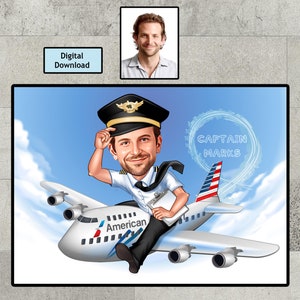Cartoon Pilot Portrait, Pilot Karikatur Geschenke, Luftfahrt Geschenke, Flugzeug Airline Pilot Geburtstag Geschenkideen für Frauen Männer, Pilot Geschenke für Männer