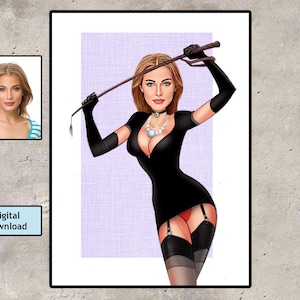 Arte de dominatrix femdom, arte de dominación femenina personalizado a partir de su foto / caricatura personalizada, retrato de dibujos animados, humillación de esclava