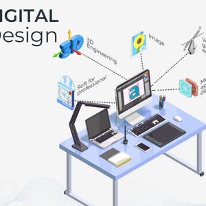 K&ouml;nnte beinhalten: Eine Illustration eines digitalen Design-Arbeitsplatzes mit Schreibtisch, Computer, Laptop, Tastatur, Maus, Tablet und Eingabestift. Der Text lautet DIGITAL Design, 3D Engineering, Soft for professional, Image, Vector graphic editor und Mobile application design.