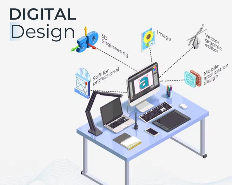 K&ouml;nnte beinhalten: Eine Illustration eines digitalen Design-Arbeitsplatzes mit Schreibtisch, Computer, Laptop, Tastatur, Maus, Tablet und Eingabestift. Der Text lautet DIGITAL Design, 3D Engineering, Soft for professional, Image, Vector graphic editor und Mobile application design.