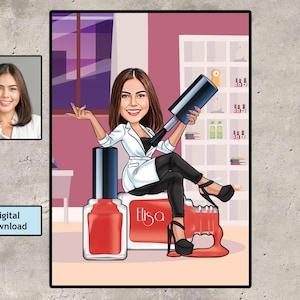 Nail Artist Caricature Portrait, Nail Technician Portrait, Nail Designer Personalized Portrait, Nail saloon Cartoon From Photo, Nail Studio