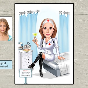 Verpleegkundige karikatuur cadeau, medische student afstudeerkaart, aangepaste verpleegster collega geschenken, karikatuur van foto / dokter cadeau, digitale download
