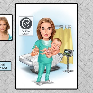 Pediatrician Doctor Caricature, Midwife Gift - Custom Cartoon / student midwife gift, Obstetrician Gift - Custom accoucheur gift, Obgyn Gift