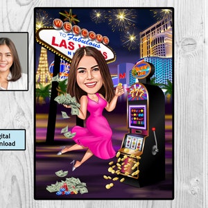Personalisierte Las Vegas Cartoon, kundenspezifische Kasinokarikatur, Geschenk vom Foto, Glücksspielkarikatur, Las Vegas Karikatur, Pokerspieler Geschenk
