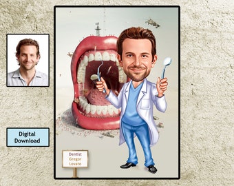 Super Dentist Gift, Custom Caricature Portrait, Cartoon Dental Hygienist Assistant, Ortodontist Retirement Birthday Gift, Dentist Printable