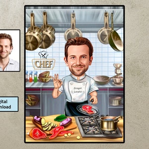 Aangepaste chef-kok karikatuur, chef-kok cartoon portret, gepersonaliseerde meester-kok cadeau, aangepaste voedsel kok portret van uw foto, gastronomisch cadeau