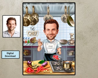 Custom Chef Caricature, Chef Cartoon Portrait, Personalized Master Chef Gift, Custom Food Cook Portrait From Your Photo, Gourmet Gift