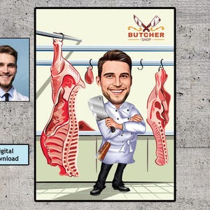 Butcher Gift - Custom Caricature, Custom Butcher Cartoon Portrait, Butcher Caricature, Male Butcher, Funny Butcher Caricature from Photo,