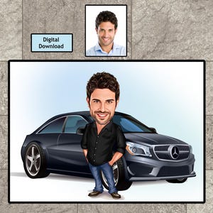 Autoliefhebber cadeau voor mannen, mannelijke autoliefhebber karikatuur van foto, autoliefhebber kunst aan de muur, grappig portret autoliefhebber, aangepaste autoliefhebber cartoon tekening
