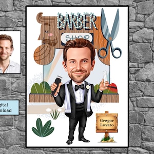 Gepersonaliseerde kapper cartoon, gepersonaliseerde mannelijke kapper, kapper cadeau, professionele kapper, unieke kapper geschenken