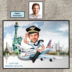 Cartoon Pilot Portrait, Pilot Caricature Gifts, Aviation Gifts, Airplane Airline Pilot Birthday Gift ideas for Women Men,Pilot Gifts for Men