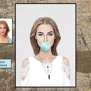 Personalized Bubble Gum illustration Photo Gift With, Every woman is a star, Modern Art Custom Cartoon Portrait, Digital Download