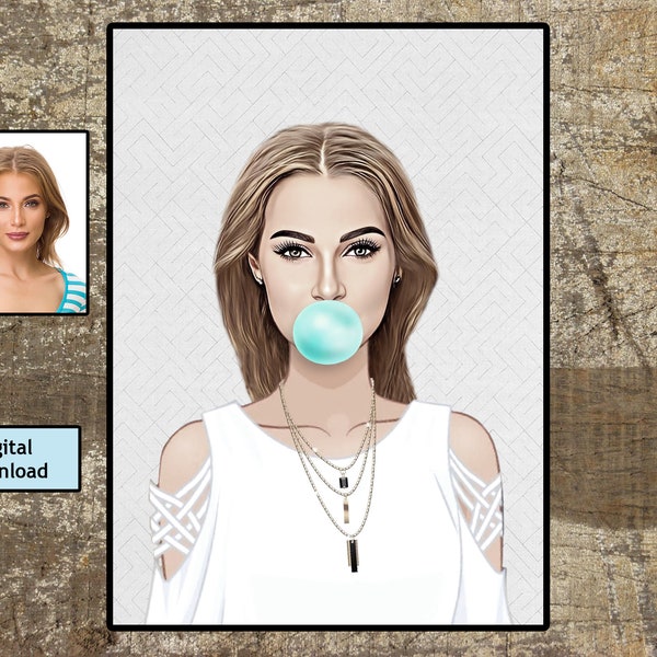 Personalisierte Bubble Gum Illustration Foto Geschenk mit, jede Frau ist ein Star, moderne Kunst benutzerdefinierte Cartoon Portrait, digitaler Download