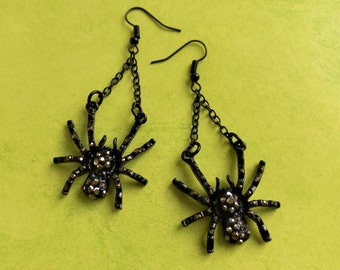 Black Gothic Spider Gemstone Dangle Drop Unique Earrings