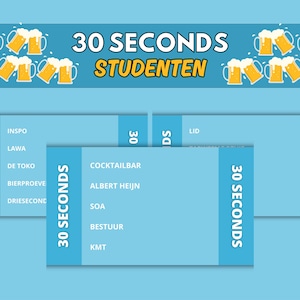 Puede incluir: Un tablero de juego azul claro con el texto "30 SECONDS STUDENTEN" y "30 SECONDS" repetido. La imagen incluye ilustraciones de jarras de cerveza y listas de palabras.