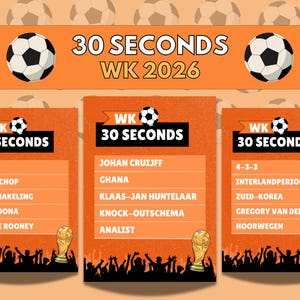 May include: An orange graphic with the text "30 SECONDS WK 2026" and soccer balls. Three panels list soccer-related terms and names, including "Maradona" and "Wayne Rooney". A golden trophy is at the bottom.