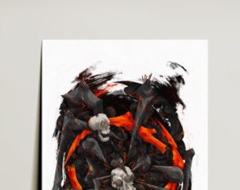 May include: Abstract digital art print featuring a black and orange design with a circular shape. The design is made up of multiple overlapping shapes and lines, creating a sense of depth and movement.
