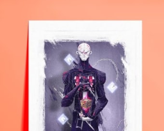 May include: A digital illustration of a person in a dark purple robe with a chain pattern. The person is holding a red and white object in their hands. The background is a dark gray with white squares.