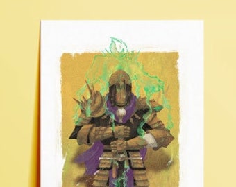 May include: A digital illustration of a warrior in gold armor holding a sword. The warrior is surrounded by green and purple energy.