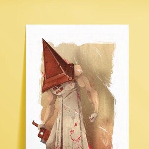 May include: A character from a horror video game wearing a pointed hat and a white gown with blood splatters. The character is holding a large knife.