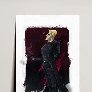 Puede incluir: Una ilustración estilizada de un hombre con un traje negro y abrigo sobre un fondo rojo. El hombre tiene el pelo rubio y sostiene un cigarrillo.