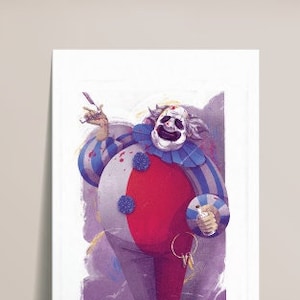 May include: A creepy clown with a white mask and red and blue striped clothing, holding a pair of scissors and a key. The clown is standing on a purple and white background.