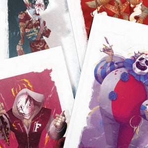 May include: Four different illustrations of characters wearing masks. The first character is wearing a red and white mask with a black and white outfit. The second character is wearing a red and gold mask with a red and gold outfit. The third character is wearing a white mask with a red and black outfit. The fourth character is wearing a white mask with a red and blue outfit.