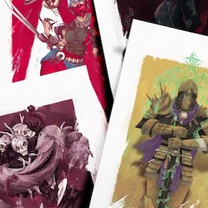 Puede incluir: Cuatro ilustraciones diferentes sobre fondo blanco. La primera ilustración es un fondo rojo y blanco con una persona que lleva un casco azul y una máscara roja sosteniendo una espada. La segunda ilustración es un fondo negro y rojo con una persona que lleva una camisa negra y pantalones negros. La tercera ilustración es un fondo amarillo y verde con una persona que lleva una armadura dorada y morada sosteniendo una espada. La cuarta ilustración es un fondo rojo y negro con una criatura con una boca grande y muchos dientes.