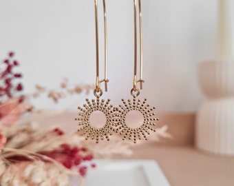 Boucles d'oreilles dormeuses fines dorées en acier inoxydable, pendentifs soleil, cadeau fête des mères