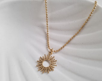 Stainless steel ball chain necklace, golden sunray pendant, Mother's Day gift