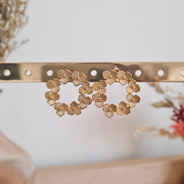 Parure collier et boucles d'oreilles en forme de couronne de fleurs en acier inoxydable doré