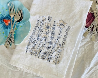 Theedoek- Blauwe Wilde Bloemen