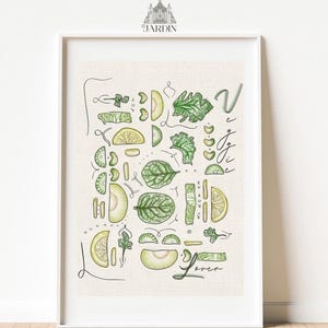May include: Framed art print with a botanical illustration of fruits and vegetables, such as lemons, leaves, and melon slices. The artwork uses green and yellow hues, with the word "Lover" written in cursive script.