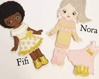 Dress up dolls digital embroidery file | ITH | 2 doll figures with clothes | Instant Download