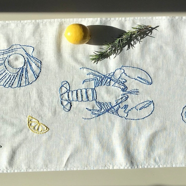 Hand-Embroidered Linen Table Runner: Mediterranean Seafood Design, lobster, shrimps, scallop, oysters, fish, lemon, rosemary, Christmas Gift