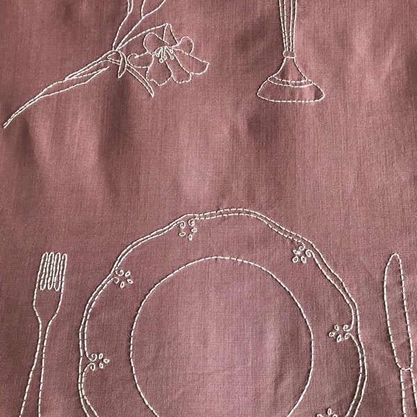 Hand-embroider tablecloth with decorated plates, fork, knife, lily, wine glasses, candle holder, pomegranate, square/round table