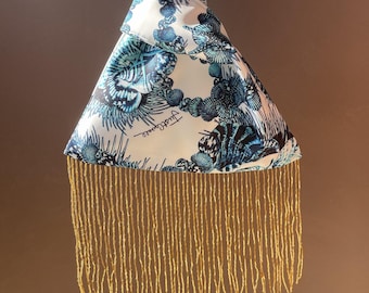 Handmade Vacation Knot Bag Beaded Fringe, Cavalli Fabric Shell Starfish Print, Costal Clutch,  Cocktail Purse
