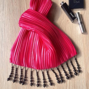 Shiny Fuchsia Pink Pleated Knot Bag with Black Beaded Fringe, Statement Evening Bag, Handmade Bottega Veneta-Inspired Texture Clutch
