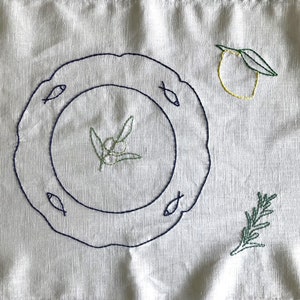 Hand-Embroidered Linen Table Runner: Mediterranean Pasta, Seafood & Lemon, wedding italian party, italian style