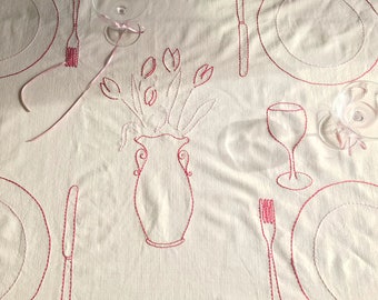 Wedding gift hand-embroider tablecloth red and pink with vase with tulips, plates,fork,knife,candle stick, strawberries,message can be added