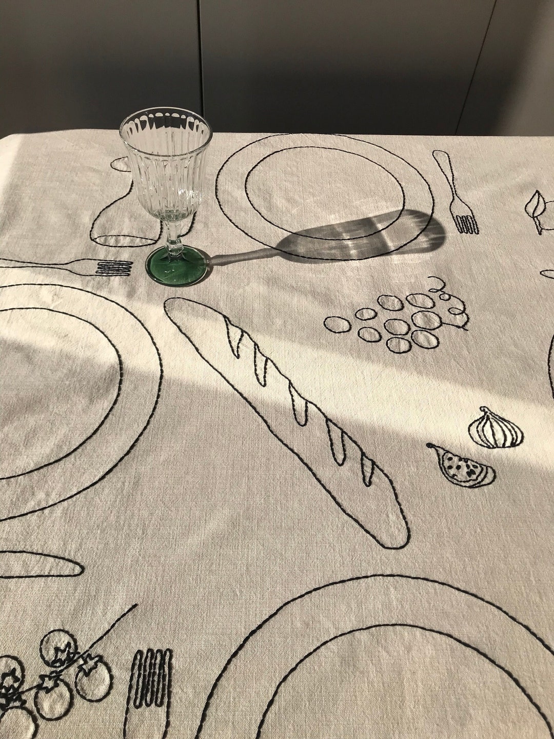 Handembroidered Tablecloth With Plates Fork Knife Wine Etsy