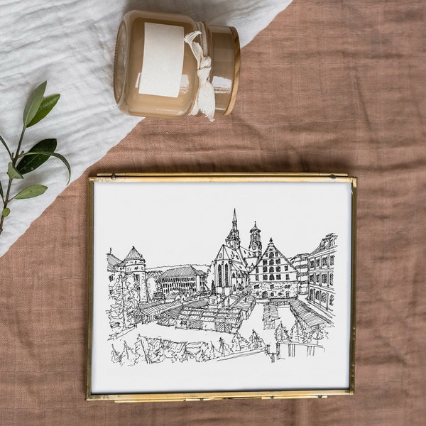 Stuttgart Art Print Stuttgart Wall Art Baden-Wurttemberg Wall Decor Germany Travel Gift Schillerplatz Square Stuttgart Hand Drawn Ink Sketch