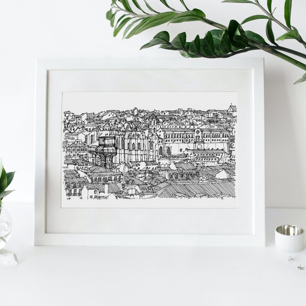 Lisbon Art Print Lisbon Wall Art Lisboa Decor Portugal Gift Elevador Santa Justa Lift Lisbon Chiado Panoramic View Hand Drawn Ink Sketch