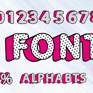 Alfabeto de personajes de dibujos animados Svg, letras de lunares, lunares blancos y negros de color rosa intenso, alfabeto completo, 0-9, símbolos, clipart de feliz cumpleaños