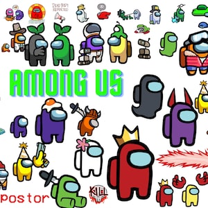 Pode incluir: Uma ilustração colorida de personagens do popular jogo online Among Us. Os personagens estão em várias poses e usam diferentes chapéus e acessórios. O texto "Among Us" está escrito em letras grandes verdes na parte superior da imagem. O texto "Imposter" está escrito em letras pretas na parte inferior da imagem.