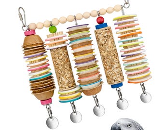 Jangly Wall of Toys™ | Refillable parrot toy set with palm shredders & wood blocks | Large