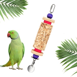 May include: A green parrot with a red beak stands near a bird toy. The toy has wood, red, and purple accents, with a metal clip and a small, round metal piece attached. Palm leaves are in the background.