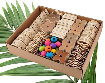 Bird Toy Parts | Palm shredders & wood beads | 80+ pieces | Small-Medium